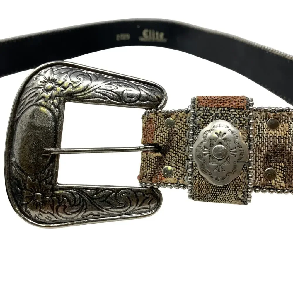VTG Elite Neutral Tones Silver Tone Engraved Buckle Beaded Trim Belt Apx Sz M